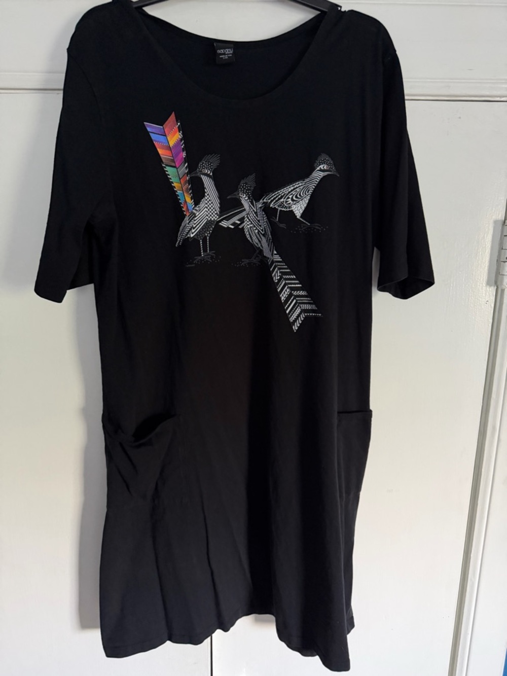 Black Tunic Dress with Colorful Feathered Bird Graphic